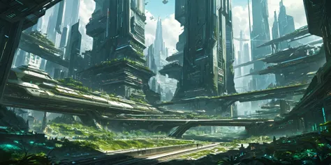 Tall buildings and trees々A futuristic city with lots of, lush foliage cyberpunk, Valley of the Future, Futuristic Environment, a...