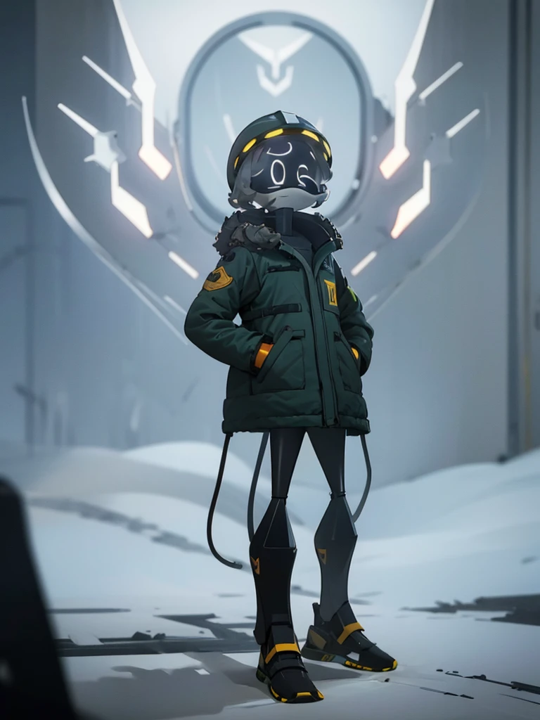 Male, Murder Drone, wearing modified tactical coat and full-face tactical spacesuit helmet, face concealed by helmet, no visible face, white X eyes, standing at attention, hands in pockets, fully in frame, full body shot, facing viewer, lone figure, sole figure, alone, Murder Drones style