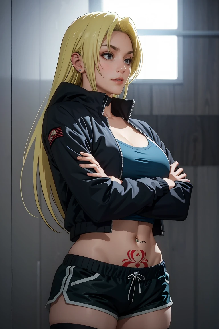 Yuki tsukumo from jujutsu kaisen, long hair, blonde hair, long belly, big , tight body , 1girl, photo_background, gym, shorts, long_hair, thighhighs, short_shorts, crossed_arms, navel, black_shorts, solo, looking_at_viewer, midriff, black_thighhighs, navel_piercing, dolphin_shorts, lips, realistic, tattoo, jacket, breasts, standing