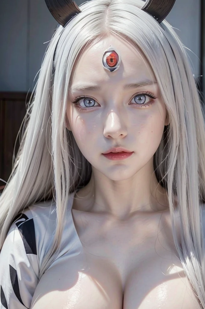 Kaguya from naruto anime, Realista, 28 años, piel blanca pura, cuernos negros naturales, pupilas blancas, Tercer ojo en la frente, pelo largo blanco, cara perfecta, cuerpo de tamaño perfecto, pechos grandes perfectos, Traje blanco y negro, posando para el espectador, 8K , ultra Realista.