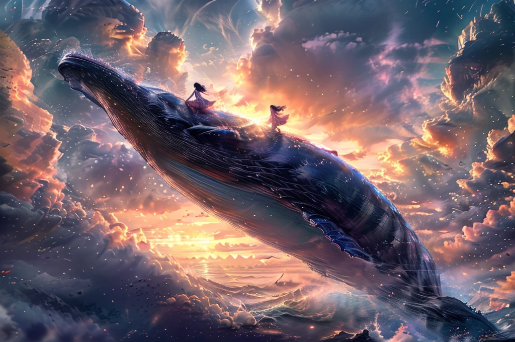 A giant flying whale carrying a medieval city on its back、超Real、Super detailed、Cinematic lighting、Dramatic Sky、Sparkling sunset、Cloud Waves、Photorealistic、8k、Super detailed、Very detailed、masterpiece、(Highest quality、4K、8k、High resolution、masterpiece:1.2)、Super detailed、(Real、Photorealistic、Photorealistic:1.37)、HDR、uhd、Studio Lighting、Ultra-fine painting、Sharp focus、Physically Based Rendering、Very detailedな説明、professional、Bright colors、Bokeh、photograph、xuer Big whale