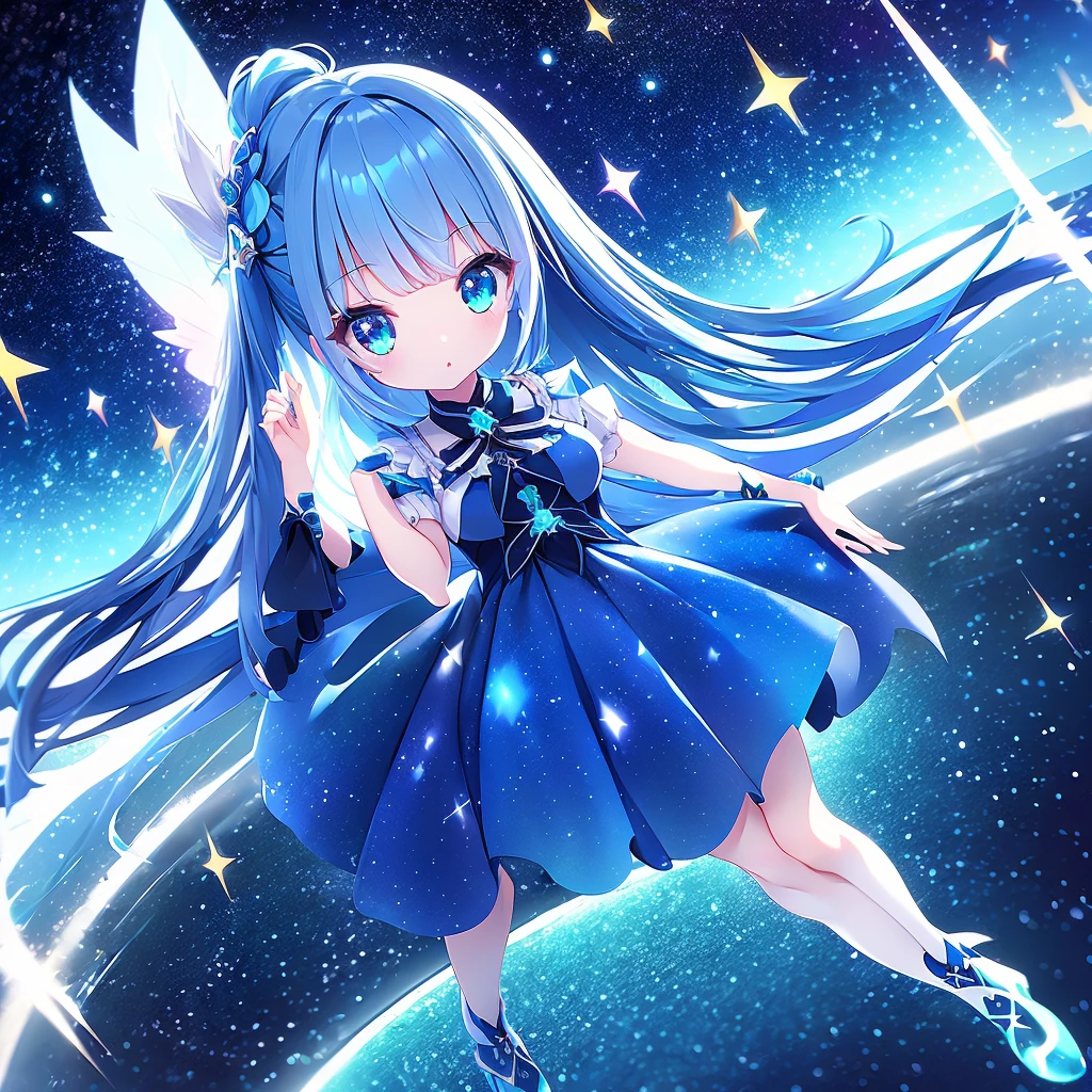 1girl、Star Fairy、Star incarnation、Character design front view、A picture facing the viewer、(((Super detailed、Highest quality、Masterpiece)))、Original cute hairstyle、Milky white and blue hair color、Simple Green Background、vtuber-fullbody,Black goth 、