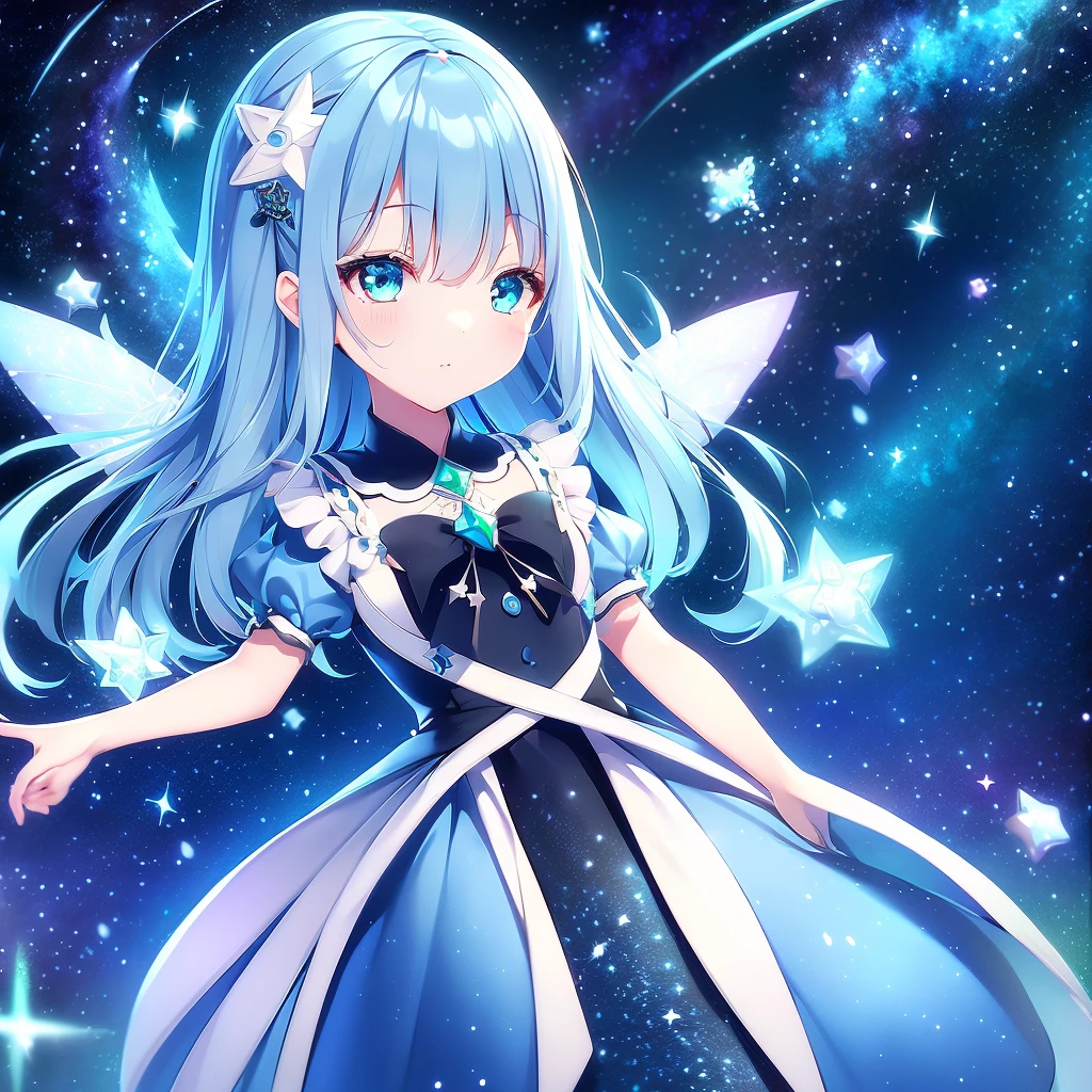 1girl、Star Fairy、Star incarnation、Character design front view、A picture facing the viewer、(((Super detailed、Highest quality、Masterpiece)))、Original cute hairstyle、Milky white and blue hair color、Simple Green Background、vtuber-fullbody,Black goth 、