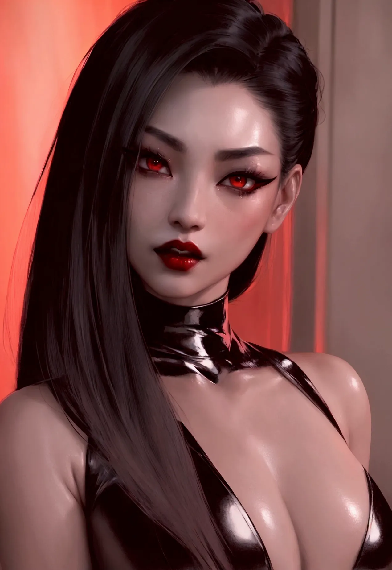 1 asian vampire woman, beautiful detailed eyes, beautiful detailed lips, extremely detailed face and skin, long eyelashes, black...