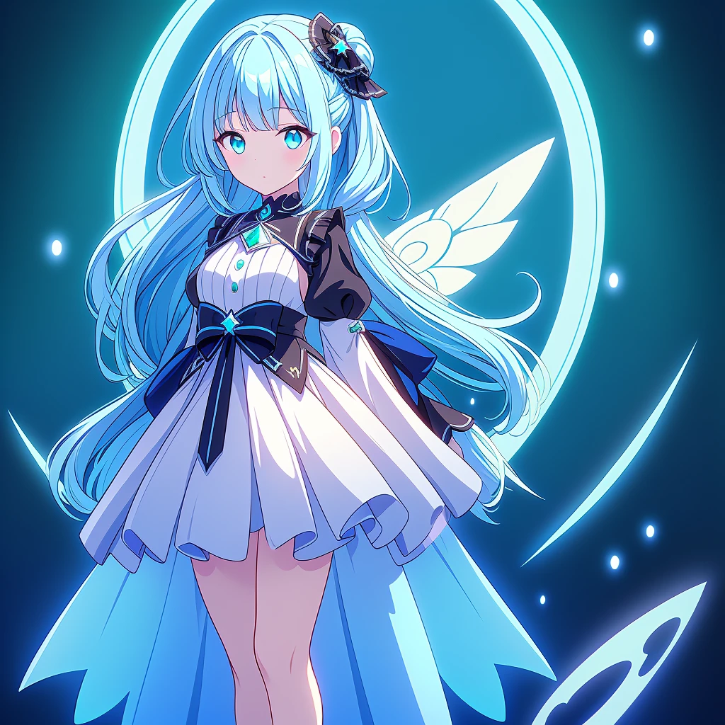 1girl、Star Fairy、Star incarnation、Character design front view、A picture facing the viewer、(((Super detailed、Highest quality、Masterpiece)))、Original cute hairstyle、Milky white and blue hair color、Simple Green Background、vtuber-fullbody,Black goth 、Gothic、