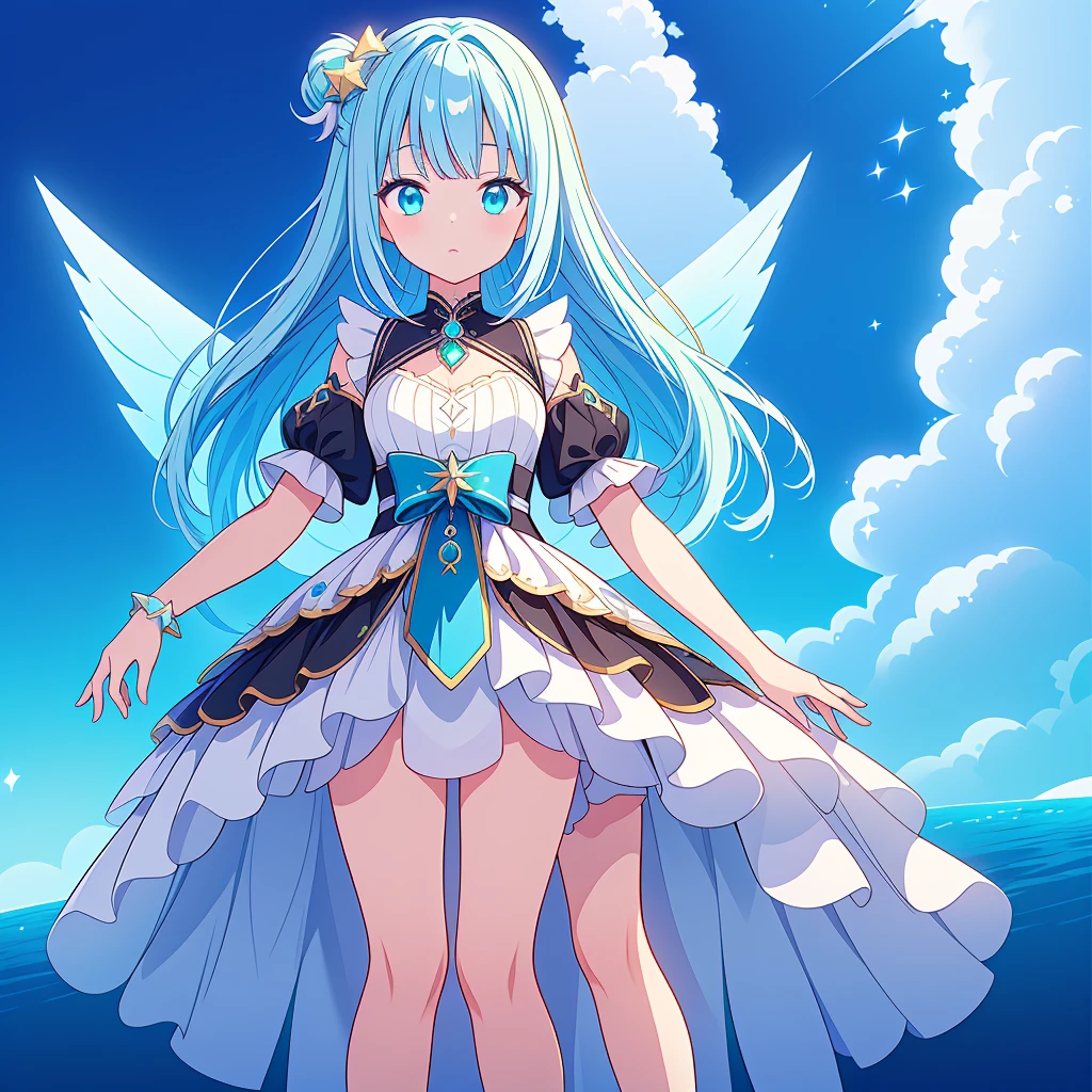 1girl、Star Fairy、Star incarnation、Character design front view、A picture facing the viewer、(((Super detailed、Highest quality、Masterpiece)))、Original cute hairstyle、Milky white and blue hair color、Simple Green Background、vtuber-fullbody,Black goth 、Gothic、