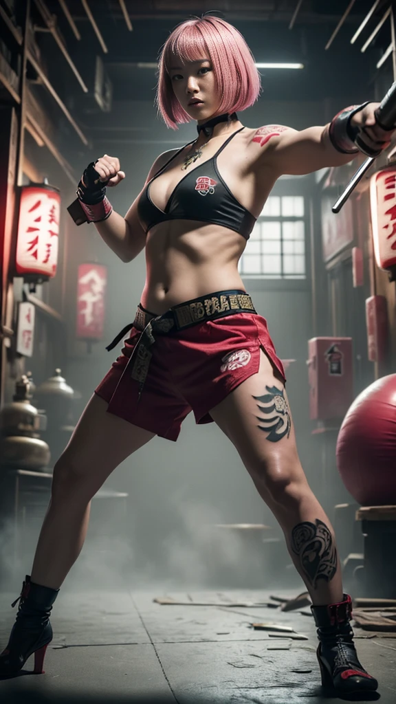 Beautiful Japanese female, (16 years old), Mixed Martial Arts, (Casual clothes with belly button exposed:1.3), (MMA gloves), Fit, (Muscles:1.2), Athletic feminine body, Female fitness model body, Private MMA octagon background, Masterpiece, Perfect lighting, Ultra high resolution, 8K, She is an exceptional MMA fighter, Hard toned feminine body, (Short hair, bob cut, Pink hair color, Straight bangs:1.2), (Sexy smile for the camera:0.7), (Very sexy pose), (Holding a very large weapon in her hands, Wearing a very large weapon, Standing with a very large weapon, Raising a very large weapon:1.3), (Tattoos all over her body, Japanese tattoos on 80 percent of her body:1.5), Red lips, Red high heels, Choker, Necklace, Earrings, (Kung fu fighter in fighting position, Very detailed:1.4), Front view, Looking at the camera, Pensive expression, Tokyo landmark,