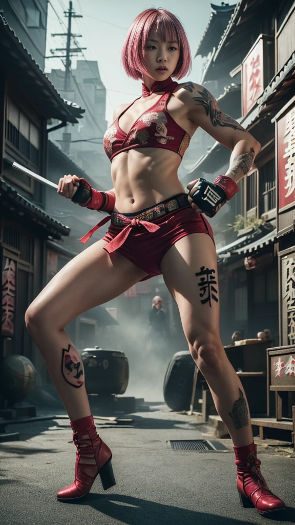 Beautiful Japanese female, (16 years old), Mixed Martial Arts, (Casual clothes with belly button exposed:1.3), (MMA gloves), Fit, (Muscles:1.2), Athletic feminine body, Female fitness model body, Private MMA octagon background, Masterpiece, Perfect lighting, Ultra high resolution, 8K, She is an exceptional MMA fighter, Hard toned feminine body, (Short hair, bob cut, Pink hair color, Straight bangs:1.2), (Sexy smile for the camera:0.7), (Very sexy pose), (Holding a very large weapon in her hands, Wearing a very large weapon, Standing with a very large weapon, Raising a very large weapon:1.3), (Tattoos all over her body, Japanese tattoos on 80 percent of her body:1.5), Red lips, Red high heels, Choker, Necklace, Earrings, (Kung fu fighter in fighting position, Very detailed:1.4), Front view, Looking at the camera, Pensive expression, Tokyo landmark,