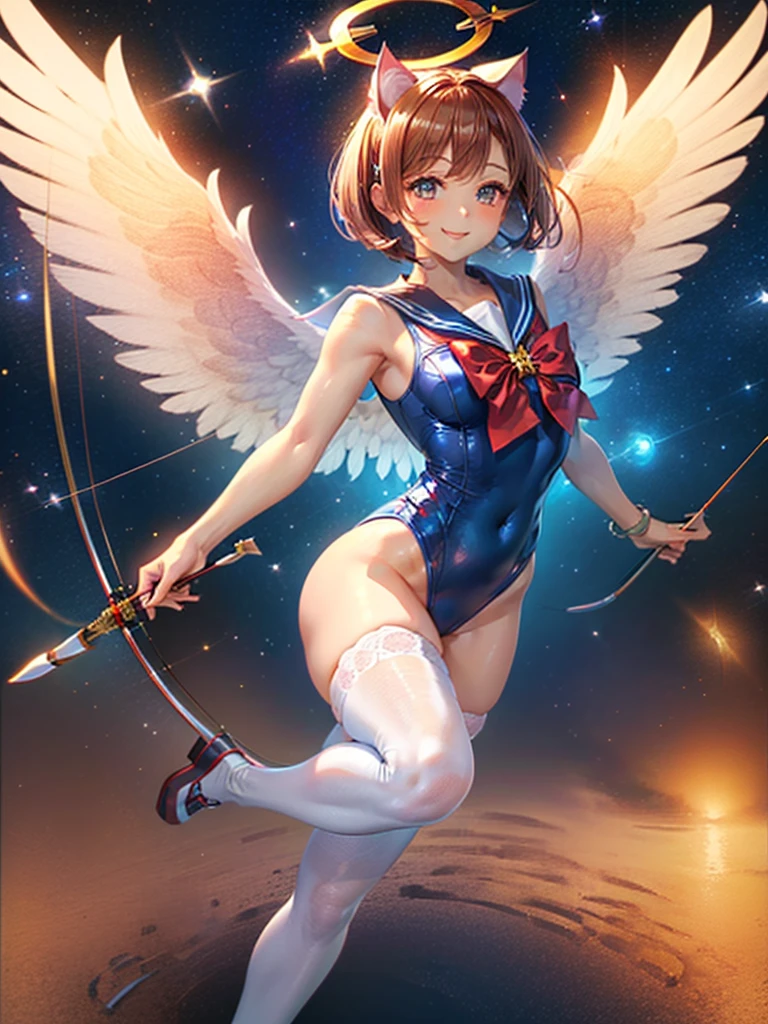 Highest quality,Highest Resolution,Masterpiece,(((A beautiful girl in a sailor leotard with a smile on her face))),High leg,Frills,White knee-high stockings,,Red tie,(((Cat ear))),(((Halation))),Brown hair short bob,(((Elaborate:archery))),White angel wings on the back,universe,Milky Way,Meteor,dark,Bow of Light,whole body,Bow of Light,A distant view,Side view,(((Draw the bow))),Halo,弓を引いている,