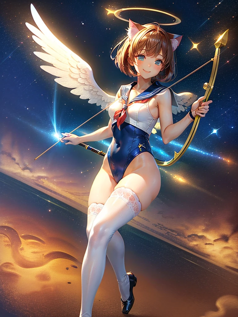 Highest quality,Highest Resolution,Masterpiece,(((A beautiful girl in a sailor leotard with a smile on her face))),High leg,Frills,White knee-high stockings,,Red tie,(((Cat ear))),(((Halation))),Brown hair short bob,(((Elaborate:archery))),White angel wings on the back,universe,Milky Way,Meteor,dark,Bow of Light,whole body,Bow of Light,A distant view,Side view,(((Draw the bow))),Halo,弓を引いている,