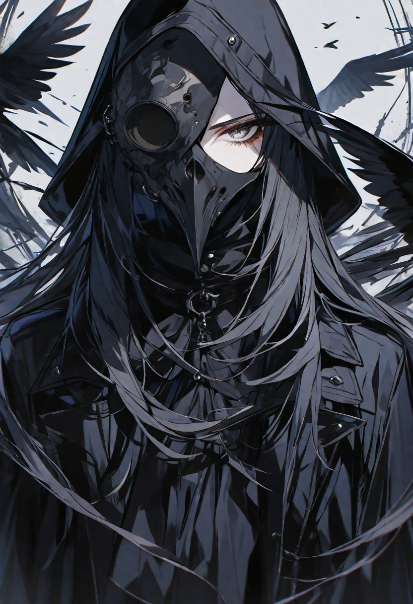 solo, handsome, 1 woman, long hair, black color hair, Gray eyes, black coat, black gloves, black plague Crow mask, Black hood, neutral expression