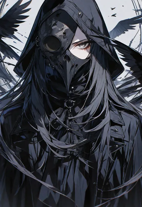 solo, handsome, 1 woman, long hair, black color hair, Gray eyes, black coat, black gloves, black plague Crow mask, Black hood, n...