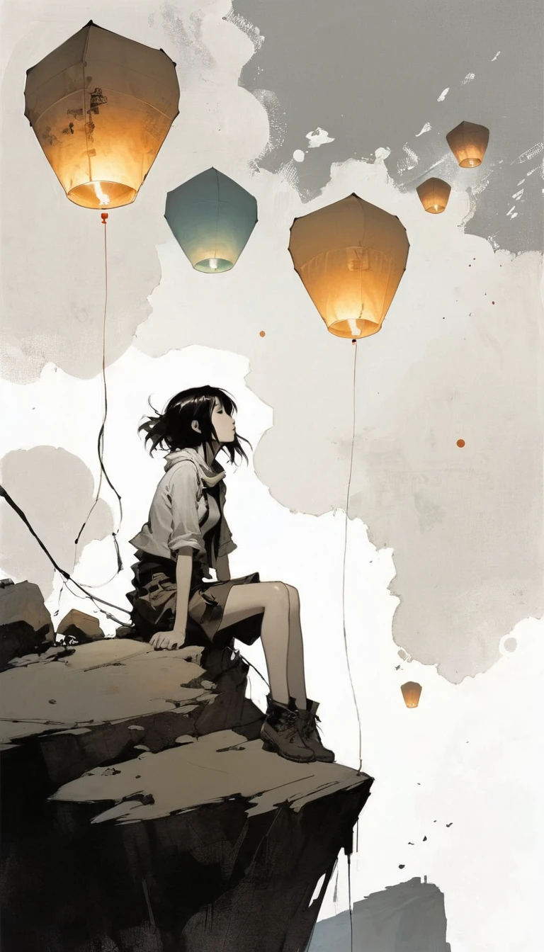 (Ashley Wood (Ashley Wood) style of:1.1), 
Girl on the cliff 1,Spread your knees apart，Bring your feet together,?,large areas of white space,sit,At the bottom of the screen,(look up:1.5),from the side,Look up,comics,，Wishing paper lanterns in the sky