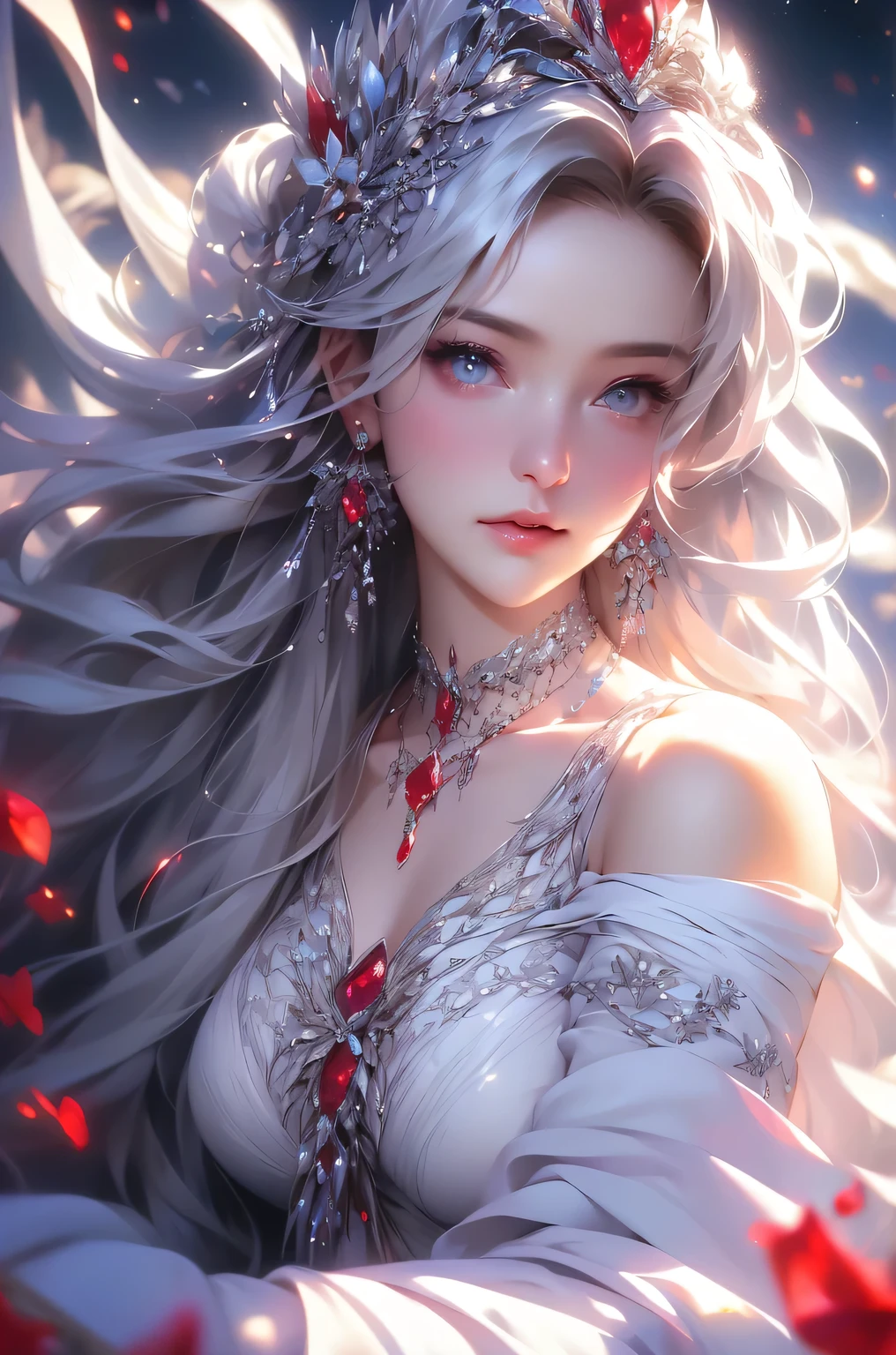 (masterpiece:1.5, Highest quality, Very detailed、 Dutch Angle、Semi-realistic、Fantasy)(One Girl, alone)(White and beautiful hair:1.4,,Straight Long Hair)(White based dress、Fantasy Costume)、((Off the shoulder、Mid-chest、ruby ​​necklace))(Beautiful cleavage、Legs wrapped in tights)(Beautiful starry sky、Mystical Night、Particles of light float around the woman、Fantasy space) Waiting to start
