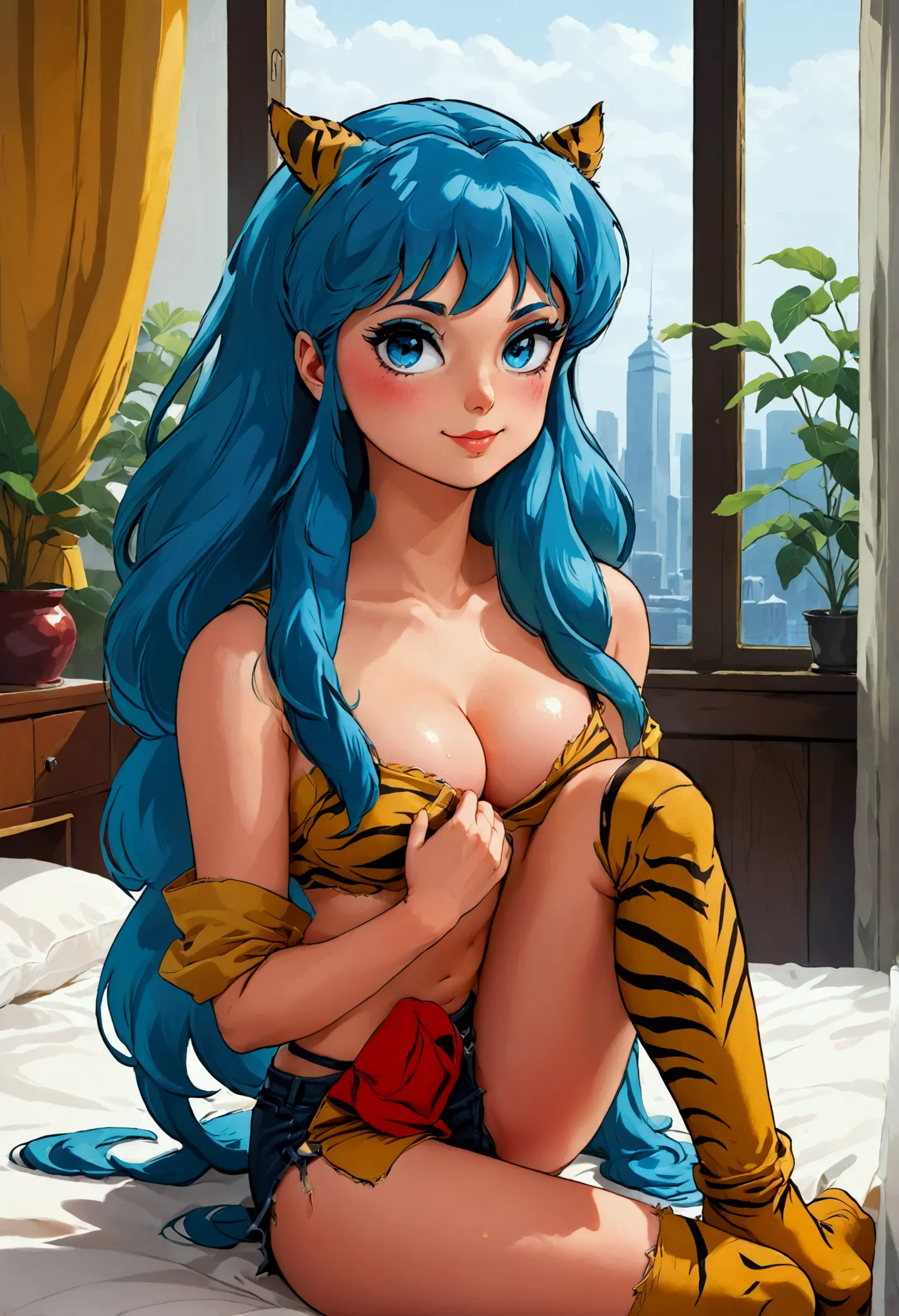 score_9, score_8_up, score_7_up, 1980's style, retro, source anime, flat color, illustration. lum, long hair, blue hair, blue ey...