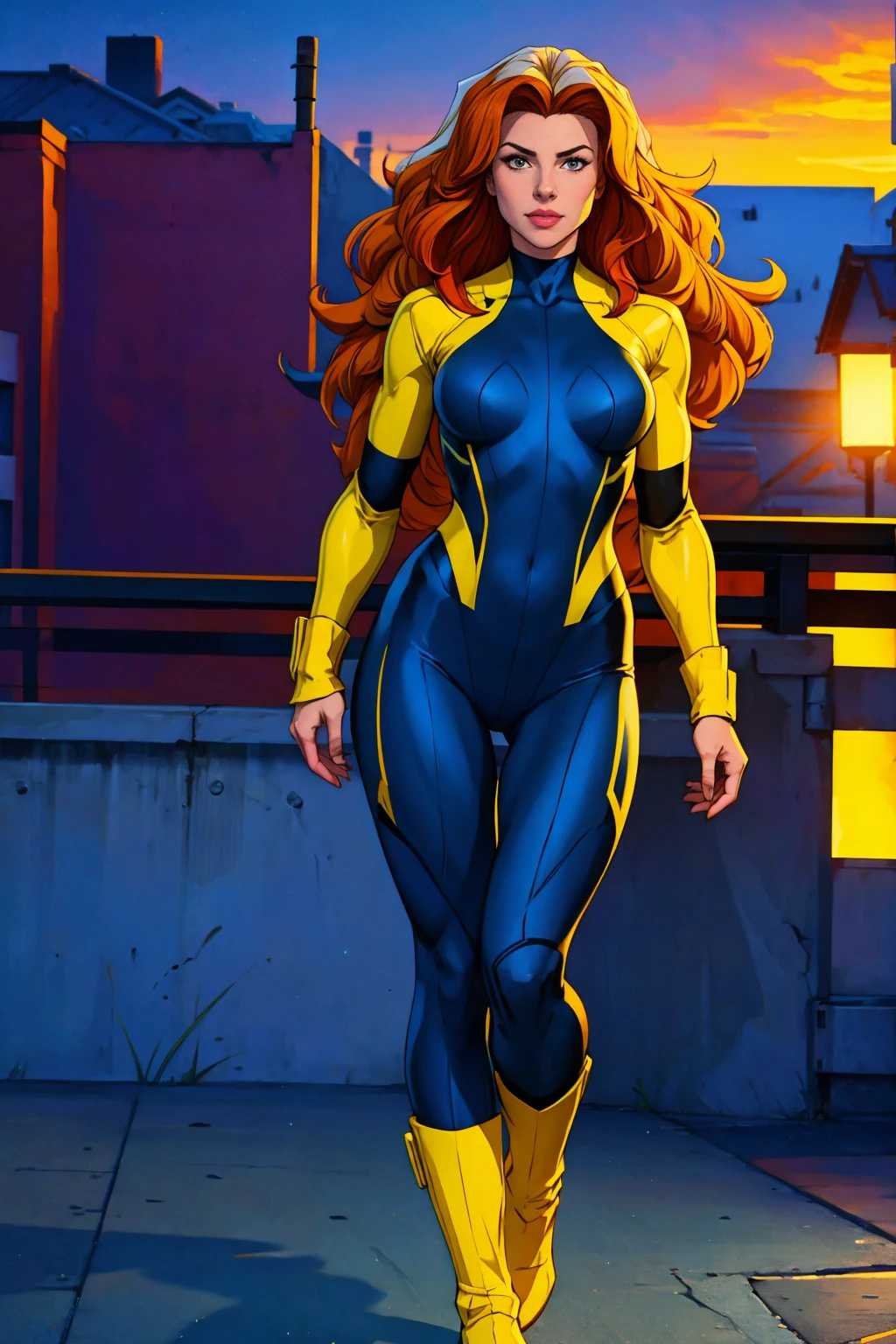 ((Full body shot, standing, feet on the ground)) Rogue, X-Men, (best quality, 4k, 8k, high resolution, cyclist body, masterpiece: 1.2), ultra-detailed, (realistic, photorealistic, photorealistic: 1.37), full body photo, yellow high boots, voluminous hair, beauty pose, standing, show feet, outside, city roof at night, green bandana
