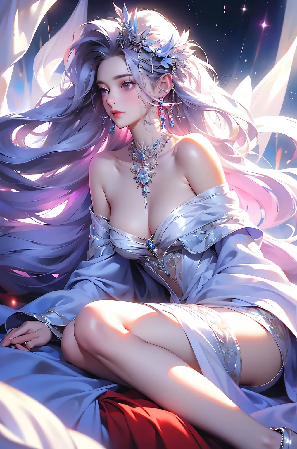 (masterpiece:1.5, Highest quality, Very detailed、 Dutch Angle、Semi-realistic、Fantasy)(One Girl, alone)(White and beautiful hair:1.4,,Straight Long Hair)(White based dress、Fantasy Costume)、((Off the shoulder、Mid-chest、ruby ​​necklace))(Beautiful cleavage、Legs wrapped in tights)(Beautiful starry sky、Mystical Night、Particles of light float around the woman、Fantasy space) Waiting to start
