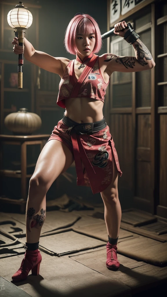 Beautiful Japanese female, (16 years old), Mixed Martial Arts, (Casual clothes with belly button exposed:1.3), (MMA gloves), Fit, (Muscles:1.2), Athletic feminine body, Female fitness model body, Private MMA octagon background, Masterpiece, Perfect lighting, Ultra high resolution, 8K, She is an exceptional MMA fighter, Hard toned feminine body, (Short hair, bob cut, Pink hair color, Straight bangs:1.2), (Sexy smile for the camera:0.7), (Very sexy pose), (Holding a very large weapon in her hands, Wearing a very large weapon, Standing with a very large weapon, Raising a very large weapon:1.3), (Tattoos all over her body, Japanese tattoos on 80 percent of her body:1.5), Red lips, Red high heels, Choker, Necklace, Earrings, (Kung fu fighter in fighting position, Very detailed:1.4), Front view, Looking at the camera, Pensive expression, Tokyo landmark,