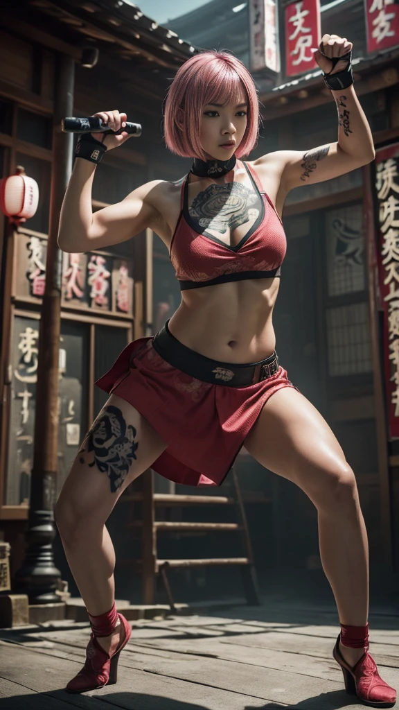 美しい日本人女性, (), 総合格闘家, (へそが見えるカジュアルな服装:1.3), (MMAグローブ), フィット, (筋肉:1.2), 運動能力のある女性らしい体, 女性フィットネスモデルのボディ, プライベートMMA八角形の背景, 傑作, 完璧な照明, 超高解像度, 8K, 彼女は並外れたMMAファイターです, ハードなトーンの女性的な体, (ショートヘア, ボブカット, ピンクの髪色, ストレート前髪:1.2), (カメラに向かってセクシーな笑顔:0.7), (とてもセクシーなポーズ), (彼女は手に非常に大きな武器を持っている, 非常に大きな武器を身に着けている, 非常に大きな武器を持って立っている, 非常に大きな武器を上げる:1.3), (体中にタトゥー, 体の80％に日本のタトゥー:1.5), 赤い唇, 赤いハイヒール, チョーカー, ネックレス, イヤリング, (戦闘姿勢のカンフー戦士, 非常に詳細:1.4), 正面図, カメラを見つめる, 物思いにふける表情, 東京のランドマーク,