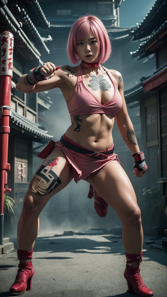 Beautiful Japanese female, (16 years old), Mixed Martial Arts, (Casual clothes with belly button exposed:1.3), (MMA gloves), Fit, (Muscles:1.2), Athletic feminine body, Female fitness model body, Private MMA octagon background, Masterpiece, Perfect lighting, Ultra high resolution, 8K, She is an exceptional MMA fighter, Hard toned feminine body, (Short hair, bob cut, Pink hair color, Straight bangs:1.2), (Sexy smile for the camera:0.7), (Very sexy pose), (Holding a very large weapon in her hands, Wearing a very large weapon, Standing with a very large weapon, Raising a very large weapon:1.3), (Tattoos all over her body, Japanese tattoos on 80 percent of her body:1.5), Red lips, Red high heels, Choker, Necklace, Earrings, (Kung fu fighter in fighting position, Very detailed:1.4), Front view, Looking at the camera, Pensive expression, Tokyo landmark,