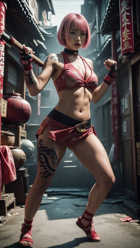 Beautiful Japanese female, (16 years old), Mixed Martial Arts, (Casual clothes with belly button exposed:1.3), (MMA gloves), Fit, (Muscles:1.2), Athletic feminine body, Female fitness model body, Private MMA octagon background, Masterpiece, Perfect lighting, Ultra high resolution, 8K, She is an exceptional MMA fighter, Hard toned feminine body, (Short hair, bob cut, Pink hair color, Straight bangs:1.2), (Sexy smile for the camera:0.7), (Very sexy pose), (Holding a very large weapon in her hands, Wearing a very large weapon, Standing with a very large weapon, Raising a very large weapon:1.3), (Tattoos all over her body, Japanese tattoos on 80 percent of her body:1.5), Red lips, Red high heels, Choker, Necklace, Earrings, (Kung fu fighter in fighting position, Very detailed:1.4), Front view, Looking at the camera, Pensive expression, Tokyo landmark,