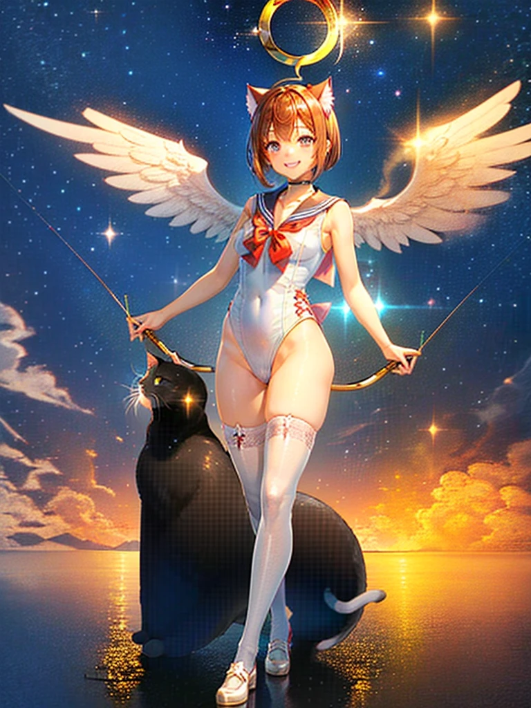 Highest quality,Highest Resolution,Masterpiece,(((A beautiful girl in a sailor leotard with a smile on her face))),High leg,Frills,White knee-high stockings,,Red tie,(((Cat ear))),(((Halation))),Brown hair short bob,(((archery))),White angel wings on the back,universe,Milky Way,Meteor,dark,Bow of Light,whole body,Bow of Light,A distant view,Side view,(((Draw the bow))),Halo,弓を引いている,