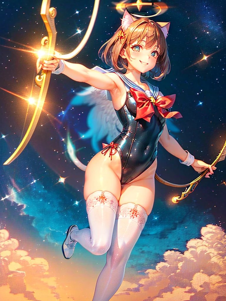 Highest quality,Highest Resolution,Masterpiece,(((A beautiful girl in a sailor leotard with a smile on her face))),High leg,Frills,White knee-high stockings,,Red tie,(((Cat ear))),(((Halation))),Brown hair short bob,(((archery))),White angel wings on the back,universe,Milky Way,Meteor,dark,Bow of Light,whole body,Bow of Light,A distant view,Side view,(((Draw the bow))),Halo,弓を引いている,