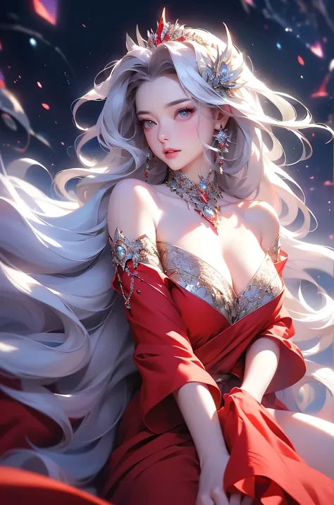 (masterpiece:1.5, highest quality, very detailed、 dutch angle、semi-realistic、fantasy)(one girl, alone)(white and beautiful hair:...