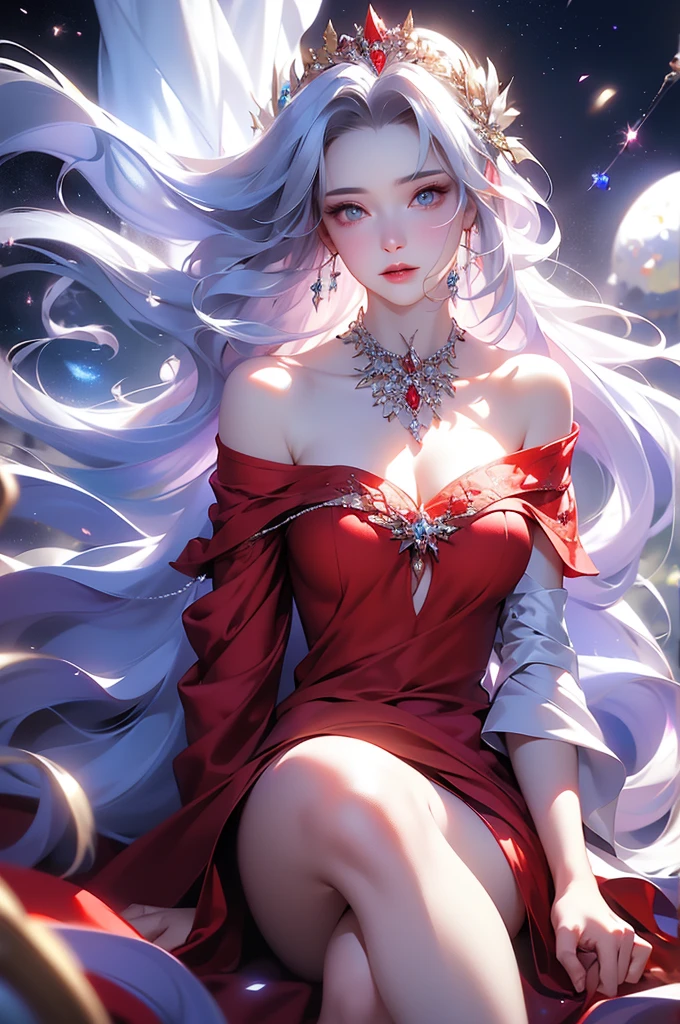 (masterpiece:1.5, Highest quality, Very detailed、 Dutch Angle、Semi-realistic、Fantasy)(One Girl, alone)(White and beautiful hair:1.4,,Straight Long Hair)(White based dress、Fantasyの衣装)、((Off the shoulder、Mid-chest、ruby ​​necklace))(Beautiful cleavage、Legs wrapped in tights)(Beautiful starry sky、Mystical Night、Particles of light float around the woman、Fantasy space) Waiting to start
