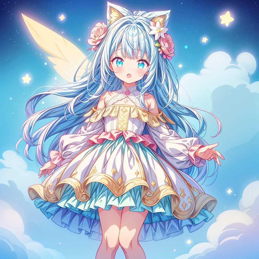 1girl、Star Fairy、Star incarnation、Character design front view、A picture facing the viewer、(((Super detailed、Highest quality、Masterpiece)))、Original cute hairstyle、Milky white and blue hair color、Simple Green Background、vtuber-fullbody,Original cute clothes in jet black and hot pink、