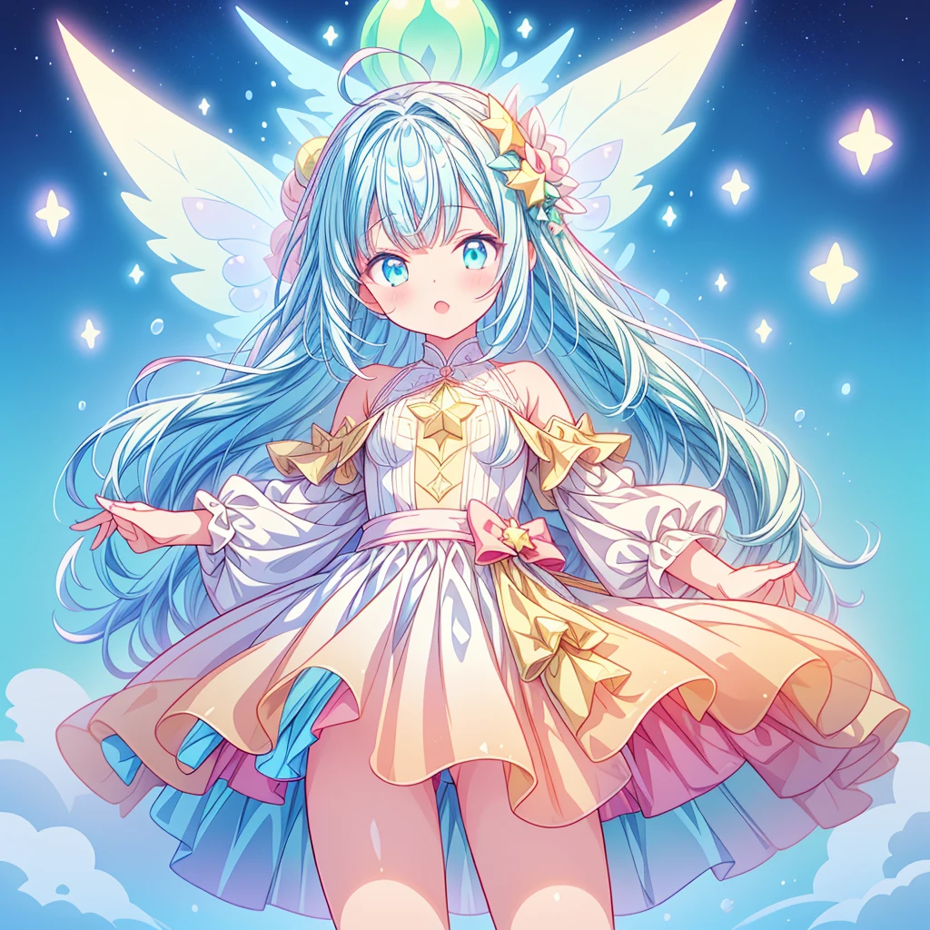 1girl、Star Fairy、Star incarnation、Character design front view、A picture facing the viewer、(((Super detailed、Highest quality、Masterpiece)))、Original cute hairstyle、Milky white and blue hair color、Simple Green Background、vtuber-fullbody,Original cute clothes in jet black and hot pink、