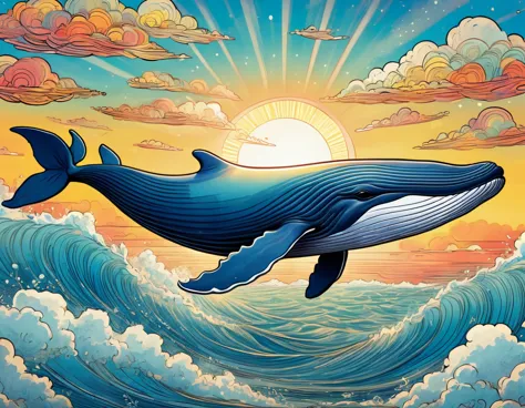 A beautiful, whimsical whale soaring through the sky, surrounded by a stunning sunrise, detailed clouds, and a delicate outline,...