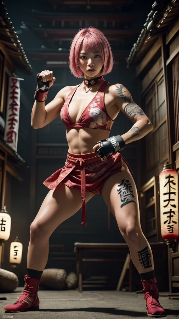 美しい日本人女性, (), 総合格闘家, (へそが見えるカジュアルな服装:1.3), (MMAグローブ), フィット, (筋肉:1.2), 運動能力のある女性らしい体, 女性フィットネスモデルのボディ, プライベートMMA八角形の背景, 傑作, 完璧な照明, 超高解像度, 8K, 彼女は並外れたMMAファイターです, ハードなトーンの女性的な体, (ショートヘア, ボブカット, ピンクの髪色, ストレート前髪:1.2), (カメラに向かってセクシーな笑顔:0.7), (とてもセクシーなポーズ), (彼女は手に非常に大きな武器を持っている, 非常に大きな武器を身に着けている, 非常に大きな武器を持って立っている, 非常に大きな武器を上げる:1.3), (体中にタトゥー, 体の80％に日本のタトゥー:1.5), 赤い唇, 赤いハイヒール, チョーカー, ネックレス, イヤリング, (戦闘姿勢のカンフー戦士, 非常に詳細:1.4), 正面図, カメラを見つめる, 物思いにふける表情, 東京のランドマーク,