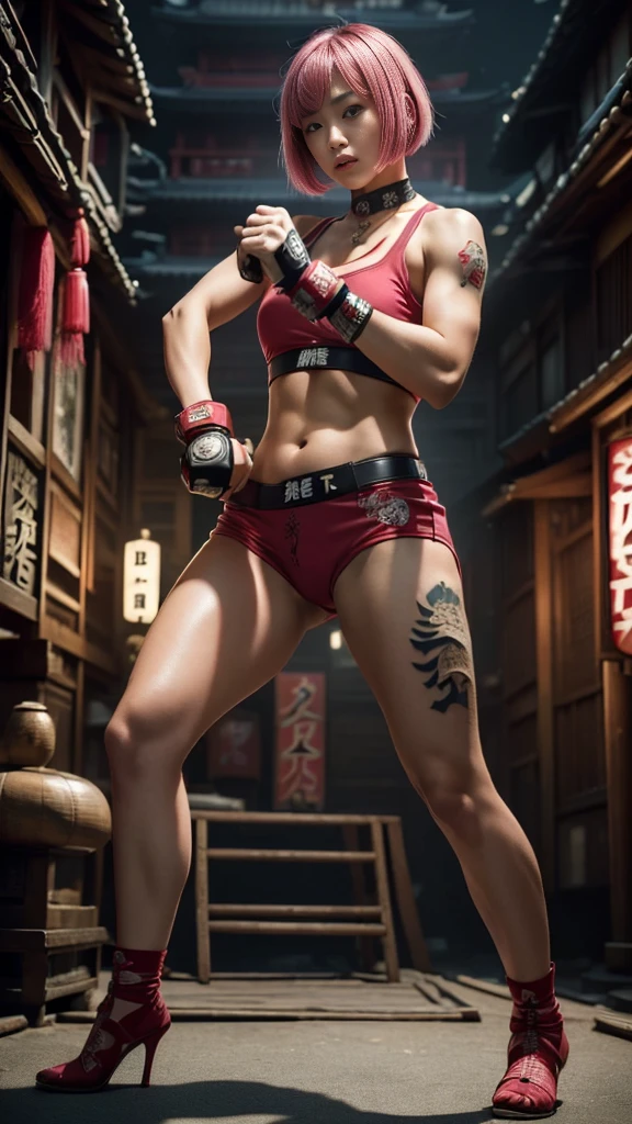 Beautiful Japanese female, (16 years old), Mixed Martial Arts, (Casual clothes with belly button exposed:1.3), (MMA gloves), Fit, (Muscles:1.2), Athletic feminine body, Female fitness model body, Private MMA octagon background, Masterpiece, Perfect lighting, Ultra high resolution, 8K, She is an exceptional MMA fighter, Hard toned feminine body, (Short hair, bob cut, Pink hair color, Straight bangs:1.2), (Sexy smile for the camera:0.7), (Very sexy pose), (Holding a very large weapon in her hands, Wearing a very large weapon, Standing with a very large weapon, Raising a very large weapon:1.3), (Tattoos all over her body, Japanese tattoos on 80 percent of her body:1.5), Red lips, Red high heels, Choker, Necklace, Earrings, (Kung fu fighter in fighting position, Very detailed:1.4), Front view, Looking at the camera, Pensive expression, Tokyo landmark,