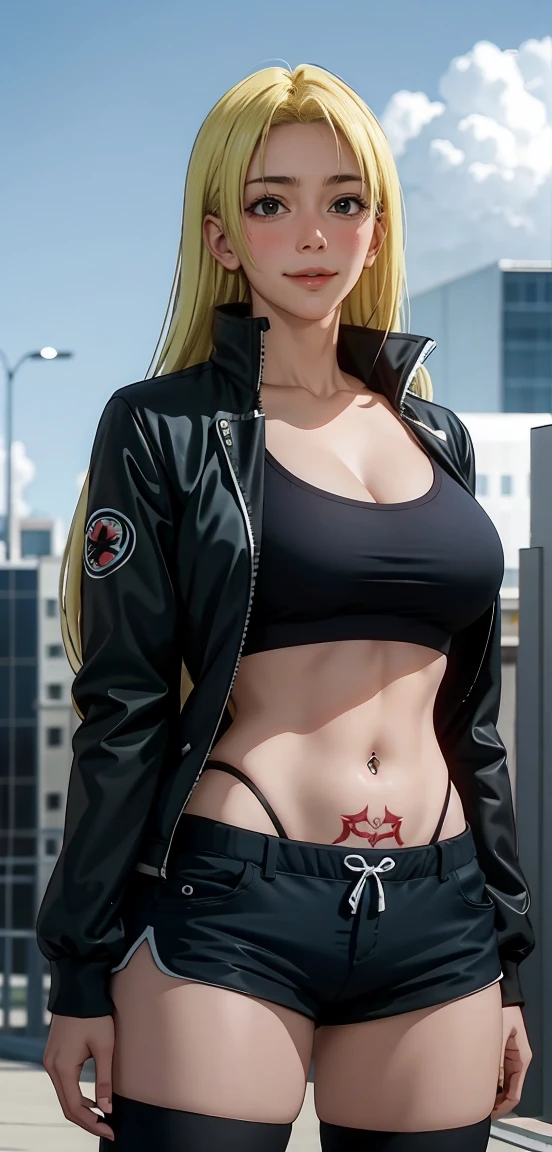 Yuki tsukumo from jujutsu kaisen, long hair, blonde hair, front view detailed body, long belly, big , tight body , large breast, thicc thighs, 1girl, photo_background, gym, shorts, long_hair, thighhighs, short_shorts, crossed_arms, navel, black_shorts, solo, looking_at_viewer, midriff, black_thighhighs, navel_piercing, dolphin_shorts, lips, realistic, tattoo, jacket, breasts, standing , front shot, facing at viewer, cowboy shot 