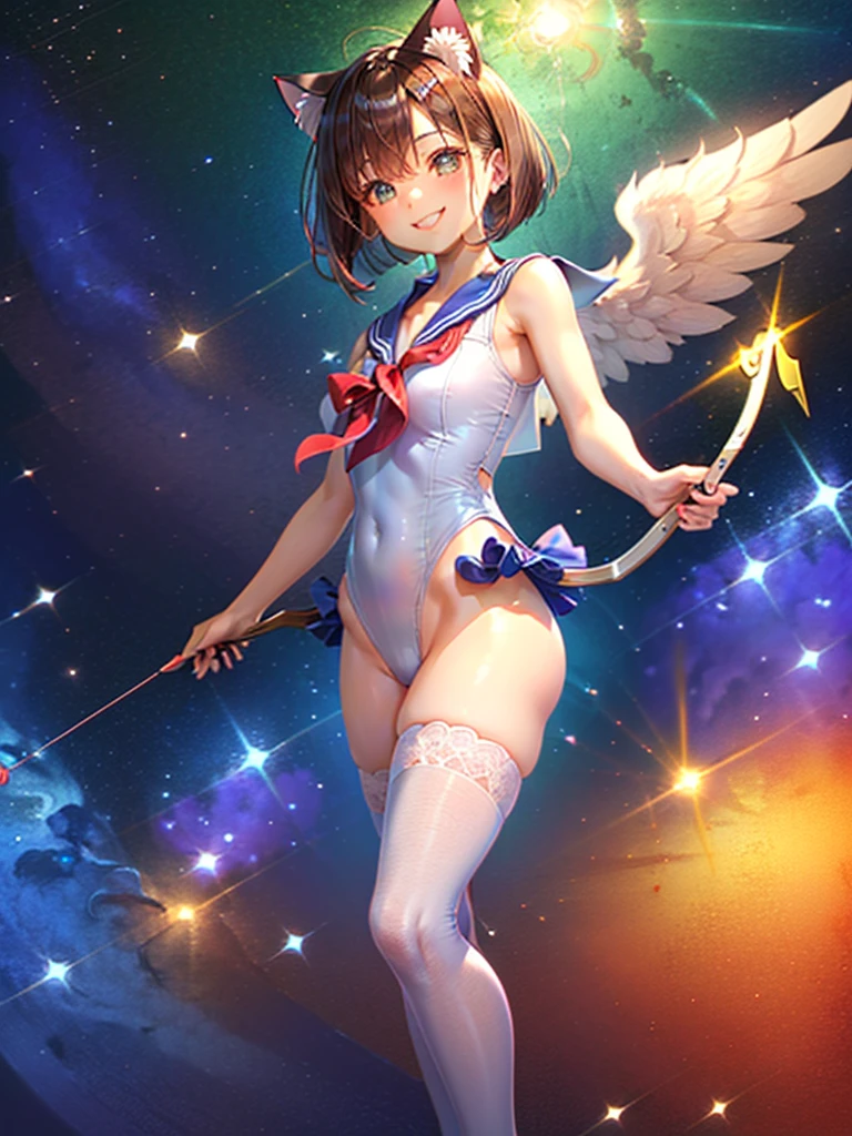 Highest quality,Highest Resolution,Masterpiece,(((A beautiful girl in a sailor leotard with a smile on her face))),High leg,Frills,White knee-high stockings,,Red tie,(((Cat ear))),(((Halation))),Brown hair short bob,(((archery))),White angel wings on the back,universe,Milky Way,Meteor,dark,Bow of Light,whole body,Bow of Light,A distant view,Side view,(((Draw the bow))),Halo,弓を引いている,