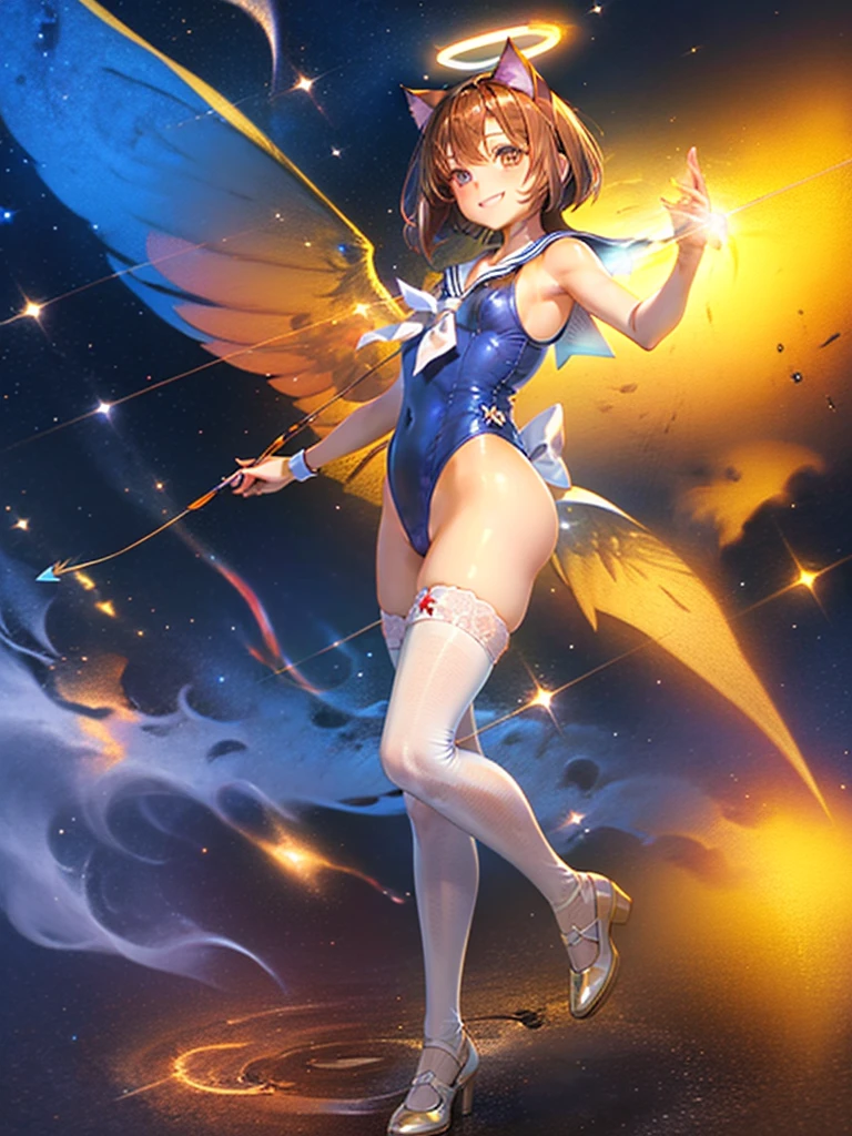 Highest quality,Highest Resolution,Masterpiece,(((A beautiful girl in a sailor leotard with a smile on her face))),High leg,Frills,White knee-high stockings,,Red tie,(((Cat ear))),(((Halation))),Brown hair short bob,(((archery))),White angel wings on the back,universe,Milky Way,Meteor,dark,Bow of Light,whole body,Bow of Light,A distant view,Side view,(((Draw the bow))),Halo,弓を引いている,