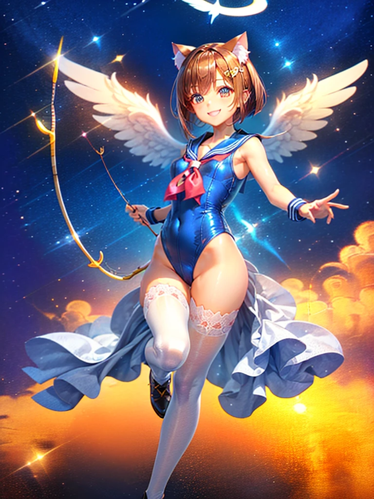 Highest quality,Highest Resolution,Masterpiece,(((A beautiful girl in a sailor leotard with a smile on her face))),High leg,Frills,White knee-high stockings,,Red tie,(((Cat ear))),(((Halation))),Brown hair short bob,(((archery))),White angel wings on the back,universe,Milky Way,Meteor,dark,Bow of Light,whole body,Bow of Light,A distant view,Side view,(((Draw the bow))),Halo,弓を引いている,