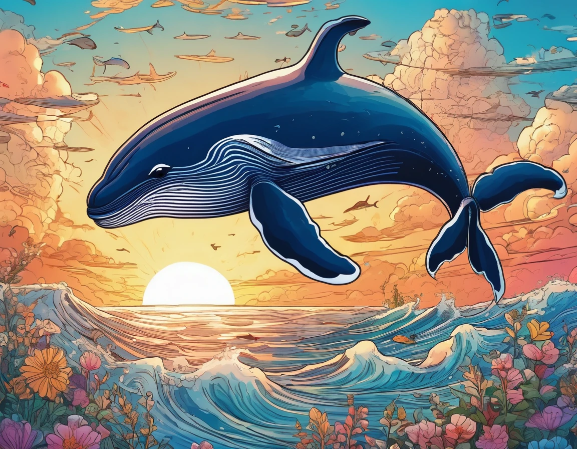 A beautiful and whimsical whale soaring through the sky。Stunning sunrise、Detailed Clouds、Surrounded by delicate contours、アウトサイダーアートの美学を備えた魅力的なVintage Comicsスタイルで描かれています。(Highest quality、4K、8k、High resolution、masterpiece:1.2)、Super detailed、(Real、Photorealistic、Photorealistic:1.37)、Highly detailed whale、detailed cloudy sky、Detailed sunrise、Delicate line drawing、cute、Children&#39;s illustration style、Vintage Comics、Bright colors、Cinematic lighting