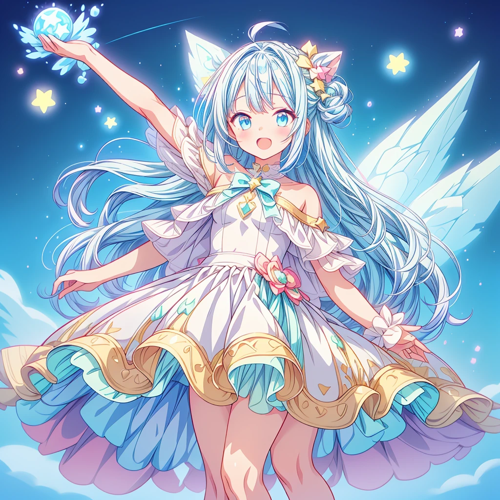 1girl、Star Fairy、Star incarnation、Character design front view、A picture facing the viewer、(((Super detailed、Highest quality、Masterpiece)))、Unique and original cute hairstyle、Milky white and blue hair color、Simple Green Background、vtuber-fullbody,Original cute clothes in jet black and hot pink、