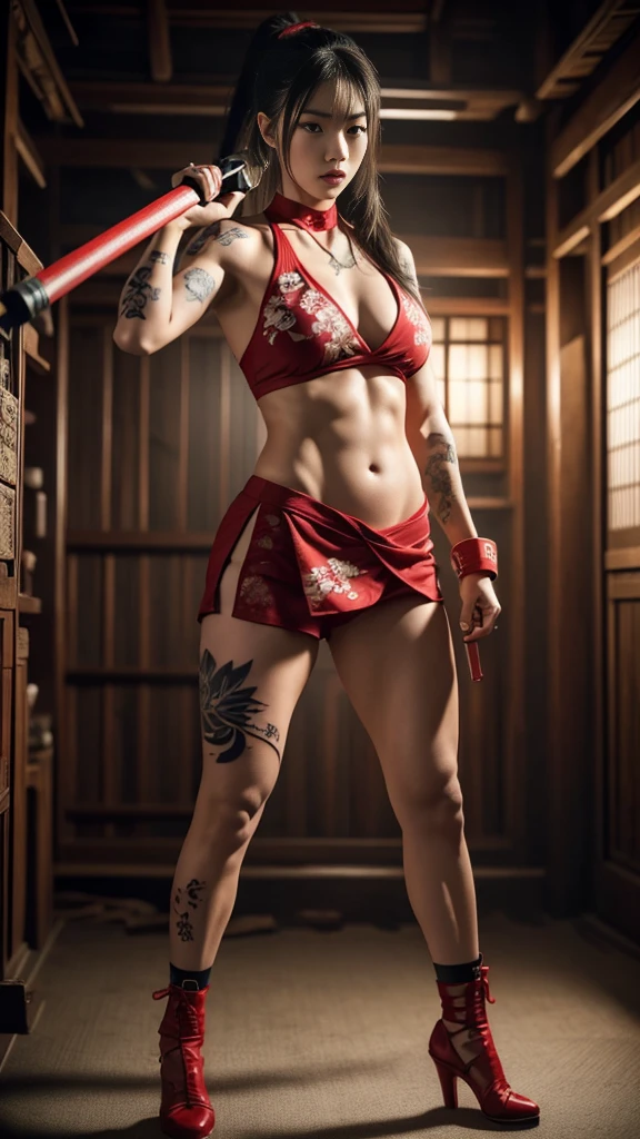 Beautiful Japanese female, (16 years old), Mixed Martial Arts, (belly exposed, everyday clothes worn at home:1.3), (MMA gloves), fit, (muscles:1.2), athletic feminine body, female fitness model body, private MMA octagon background, masterpiece, perfect lighting, ultra high resolution, 8K, she is an exceptional MMA fighter, hard toned feminine body, (very long ponytail, straight bangs:1.2), (sexy smile for the camera:0.7), (very sexy pose), (holding very large weapon in hand, wearing very large weapon, standing with very large weapon, brandishing very large weapon:1.3), (tattoos all over body, 80% of body has Japanese tattoos:1.5), red lips, red high heels, choker, necklace, earrings, (kung fu fighter in fighting position, very detailed:1.4), front view, looking at camera, pensive expression, (Tokyo landmark),