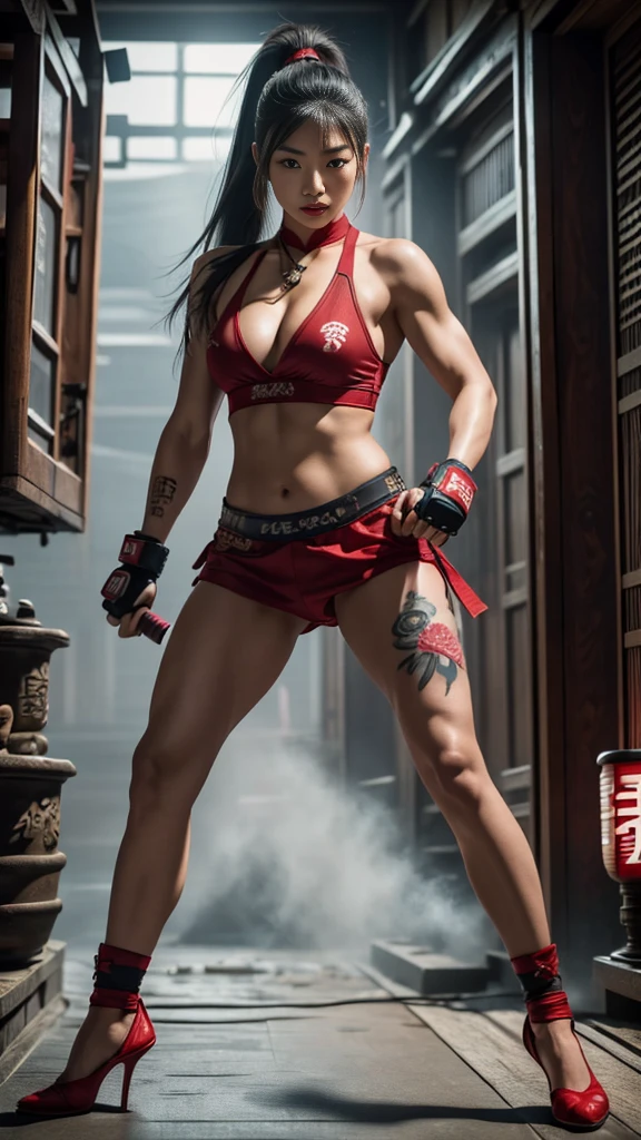 Beautiful Japanese female, (16 years old), Mixed Martial Arts, (belly exposed, everyday clothes worn at home:1.3), (MMA gloves), fit, (muscles:1.2), athletic feminine body, female fitness model body, private MMA octagon background, masterpiece, perfect lighting, ultra high resolution, 8K, she is an exceptional MMA fighter, hard toned feminine body, (very long ponytail, straight bangs:1.2), (sexy smile for the camera:0.7), (very sexy pose), (holding very large weapon in hand, wearing very large weapon, standing with very large weapon, brandishing very large weapon:1.3), (tattoos all over body, 80% of body has Japanese tattoos:1.5), red lips, red high heels, choker, necklace, earrings, (kung fu fighter in fighting position, very detailed:1.4), front view, looking at camera, pensive expression, (Tokyo landmark),