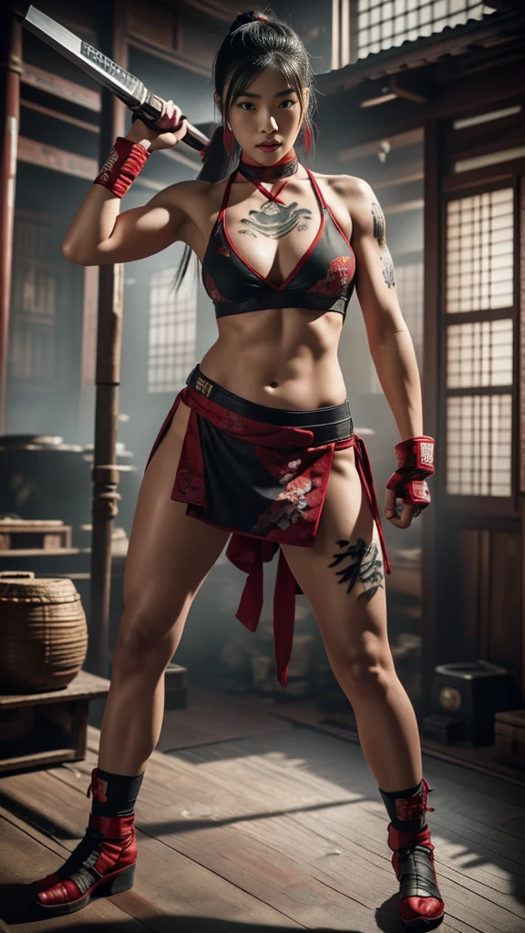 Beautiful Japanese female, (16 years old), Mixed Martial Arts, (belly exposed, everyday clothes worn at home:1.3), (MMA gloves), fit, (muscles:1.2), athletic feminine body, female fitness model body, private MMA octagon background, masterpiece, perfect lighting, ultra high resolution, 8K, she is an exceptional MMA fighter, hard toned feminine body, (very long ponytail, straight bangs:1.2), (sexy smile for the camera:0.7), (very sexy pose), (holding very large weapon in hand, wearing very large weapon, standing with very large weapon, brandishing very large weapon:1.3), (tattoos all over body, 80% of body has Japanese tattoos:1.5), red lips, red high heels, choker, necklace, earrings, (kung fu fighter in fighting position, very detailed:1.4), front view, looking at camera, pensive expression, (Tokyo landmark),