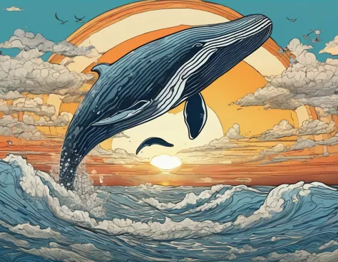 A beautiful and whimsical whale soaring through the sky。Stunning sunrise、Detailed Clouds、Surrounded by delicate contours、Illustr...