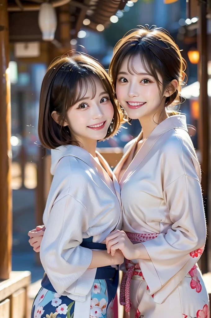 Two beauties,2 girls,cute,yukata,winter,face,Great Joy