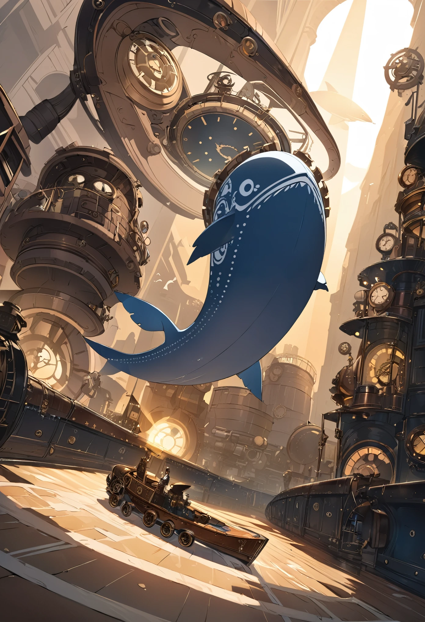 mechanical flying whale, steampunk, dieselpunk, clockpunk, mysterious color scheme, crepuscular light effect, conceptual installation fantasy art, 2.5D, delicate and dynamic