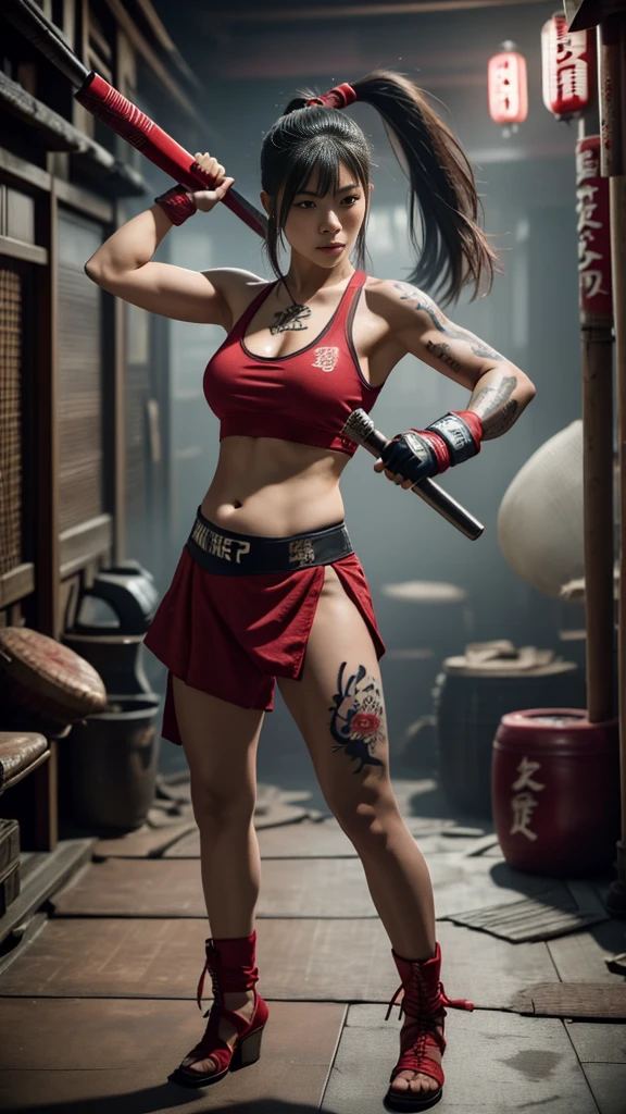 Beautiful Japanese female, (16 years old), Mixed Martial Arts, (belly exposed, everyday clothes worn around the house:1.3), tank top, (MMA gloves), fit, (muscles:1.2), athletic feminine body, female fitness model body, Tokyo landmark background, masterpiece, perfect lighting, ultra high resolution, 8K, She is an exceptional MMA fighter, hard toned feminine body, (very long ponytail, straight bangs:1.2), (sexy smile for the camera:0.7), (very sexy pose), (holding very large weapon in hand, wearing very large weapon, standing with very large weapon, brandishing very large weapon:1.3), (tattoos all over body, 80% of body has Japanese tattoos:1.5), red lips, red high heels, choker, necklace, earrings, (kung fu fighter in fighting stance, very detailed:1.4), front view, looking at camera, pensive expression, (Tokyo landmark, many people in background),