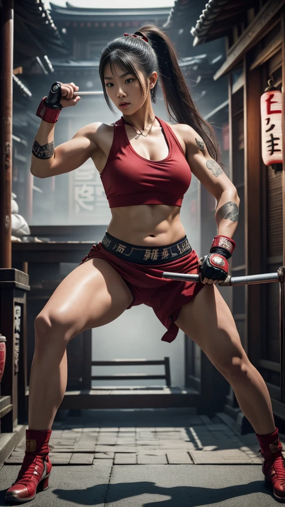 Beautiful Japanese female, (16 years old), Mixed Martial Arts, (belly exposed, everyday clothes worn around the house:1.3), tank top, (MMA gloves), fit, (muscles:1.2), athletic feminine body, female fitness model body, Tokyo landmark background, masterpiece, perfect lighting, ultra high resolution, 8K, She is an exceptional MMA fighter, hard toned feminine body, (very long ponytail, straight bangs:1.2), (sexy smile for the camera:0.7), (very sexy pose), (holding very large weapon in hand, wearing very large weapon, standing with very large weapon, brandishing very large weapon:1.3), (tattoos all over body, 80% of body has Japanese tattoos:1.5), red lips, red high heels, choker, necklace, earrings, (kung fu fighter in fighting stance, very detailed:1.4), front view, looking at camera, pensive expression, (Tokyo landmark, many people in background),