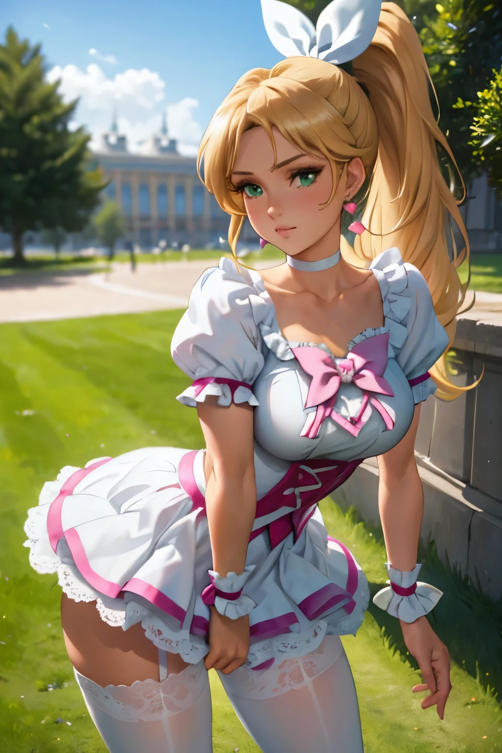 ((parc en ville)), gros seins, jambes grasses, (extremely fine and beautiful:1.1), (perfect details:1.1), (finely detailed eyes and detailed face:1.3), (sexy pose: 1.2), Cure Rithm, grey pantyhose, brown pantyhose, blonde hair, long hair, wide ponytail, green eyes, white choker, choker, heart earrings, ribbon, cure rhythm dress, puffy short sleeves, brooch, arm warmers, wrist cuffs, white high heels,