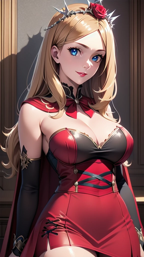 masterpiece, best quality, solo girl, dark blonde hair, blue eyes, long hair, medium breasts, sexy body and face, wavy hair, smile, parted lips, red lips, ribbon, crown of thorns, thorns, (red cape, dress flower), detached sleeves, hair flower, hair ornament, long sleeves, black corset, long skirt, red dress, rose, strapless dress, long skirt, thighhighs, thighlet, red nails, dress flower, black thighhighs, mksks style, beautiful background, orchestra, indoors, sexy pose, cowboy shots, sharp focus, ultra-detailed body, face, and eyes, vibrant, creative, dynamic, high definition, high resolution, 8k, (Upscale: R-ESRGAN 4x+ Anime6mage enchance:4x), voluptuous body, cinema lightning, looking at the viewer, (realistic:1.4), (beautiful detailed face, beautiful detailed eyes, volumetric lighting), 